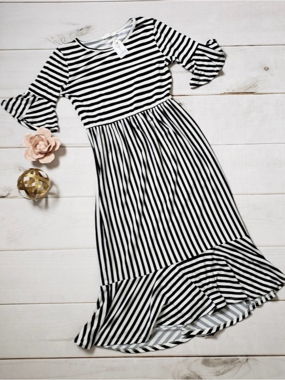 Reborn J Navy Trim Black & White Striped Top